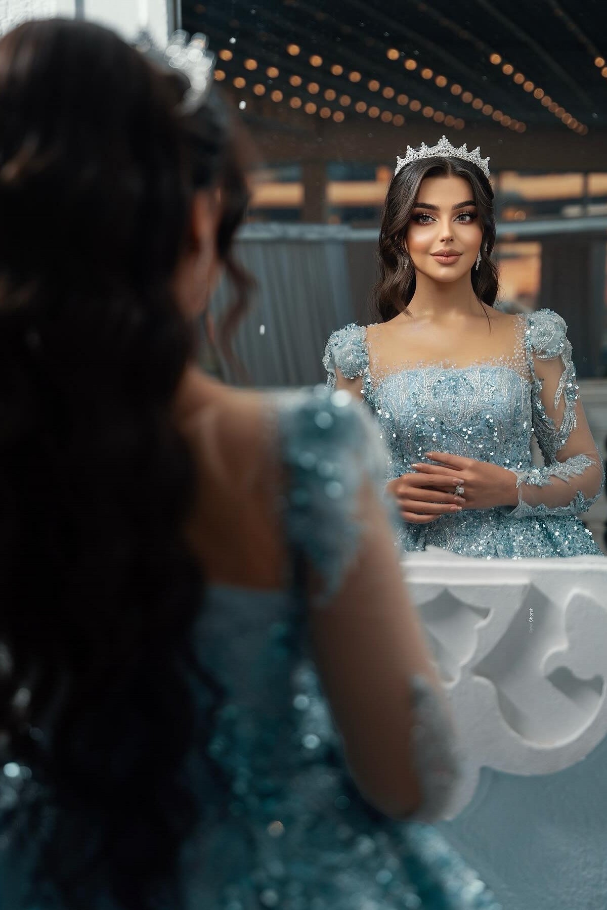 Dressystars Blue Square Illusion Sleeves Beaded Sequined Ball Gown Satin Bridal Gown With Appliques