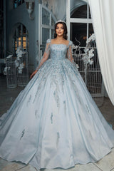 Dressystars Blue Square Illusion Sleeves Beaded Sequined Ball Gown Satin Bridal Gown With Appliques