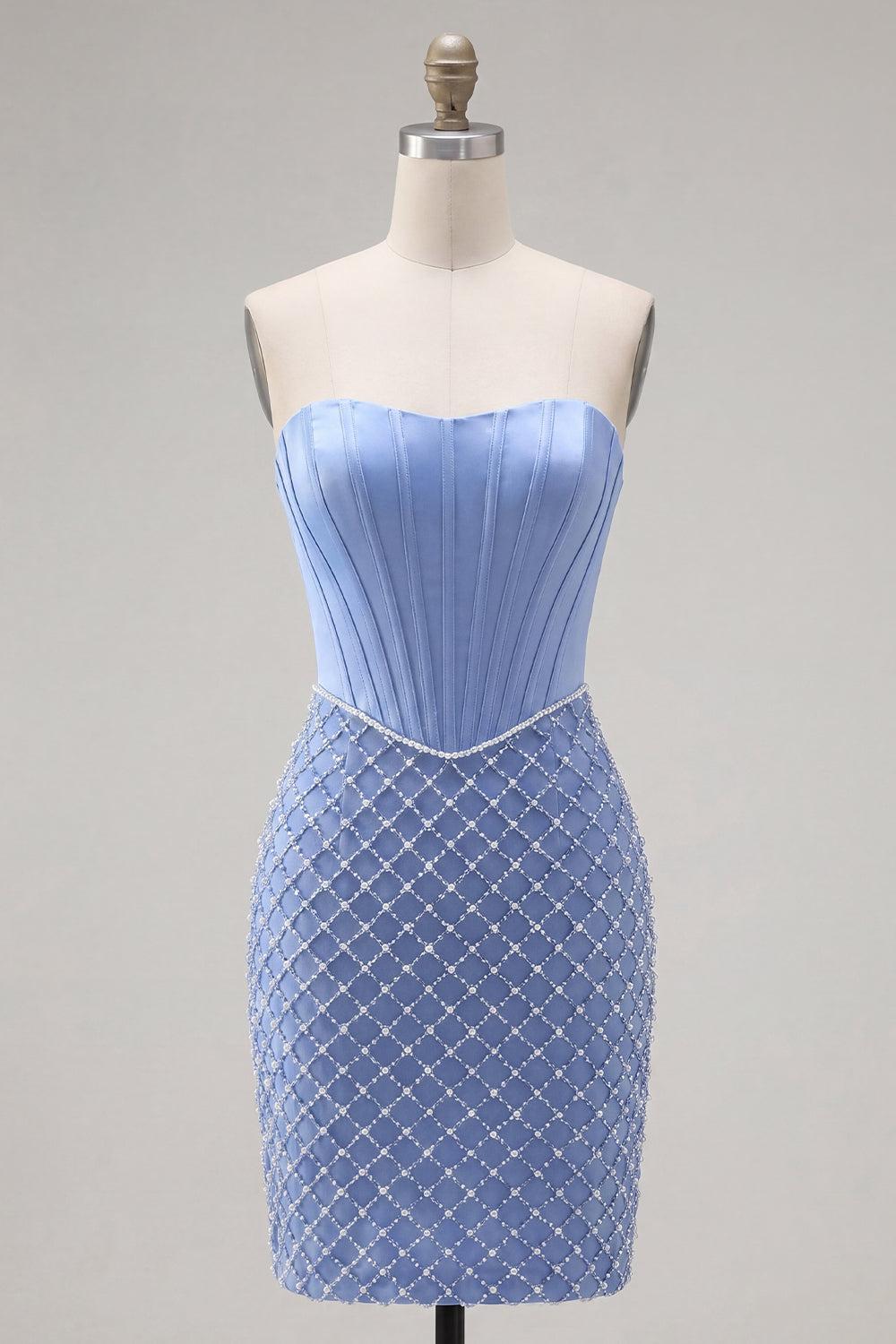 Dressystars Blue Strapless Basque Waist Corset Tight Short Homecoming Dress with Pearls