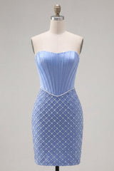 Dressystars Blue Strapless Basque Waist Corset Tight Short Homecoming Dress with Pearls