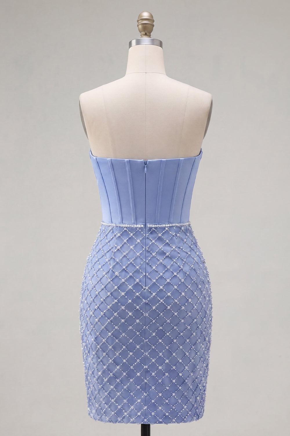 Dressystars Blue Strapless Basque Waist Corset Tight Short Homecoming Dress with Pearls