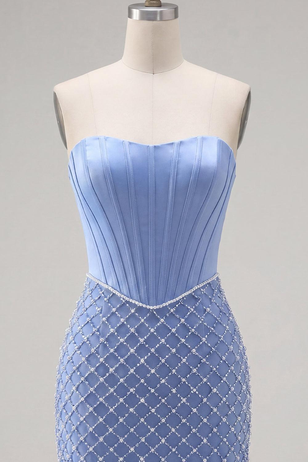 Dressystars Blue Strapless Basque Waist Corset Tight Short Homecoming Dress with Pearls