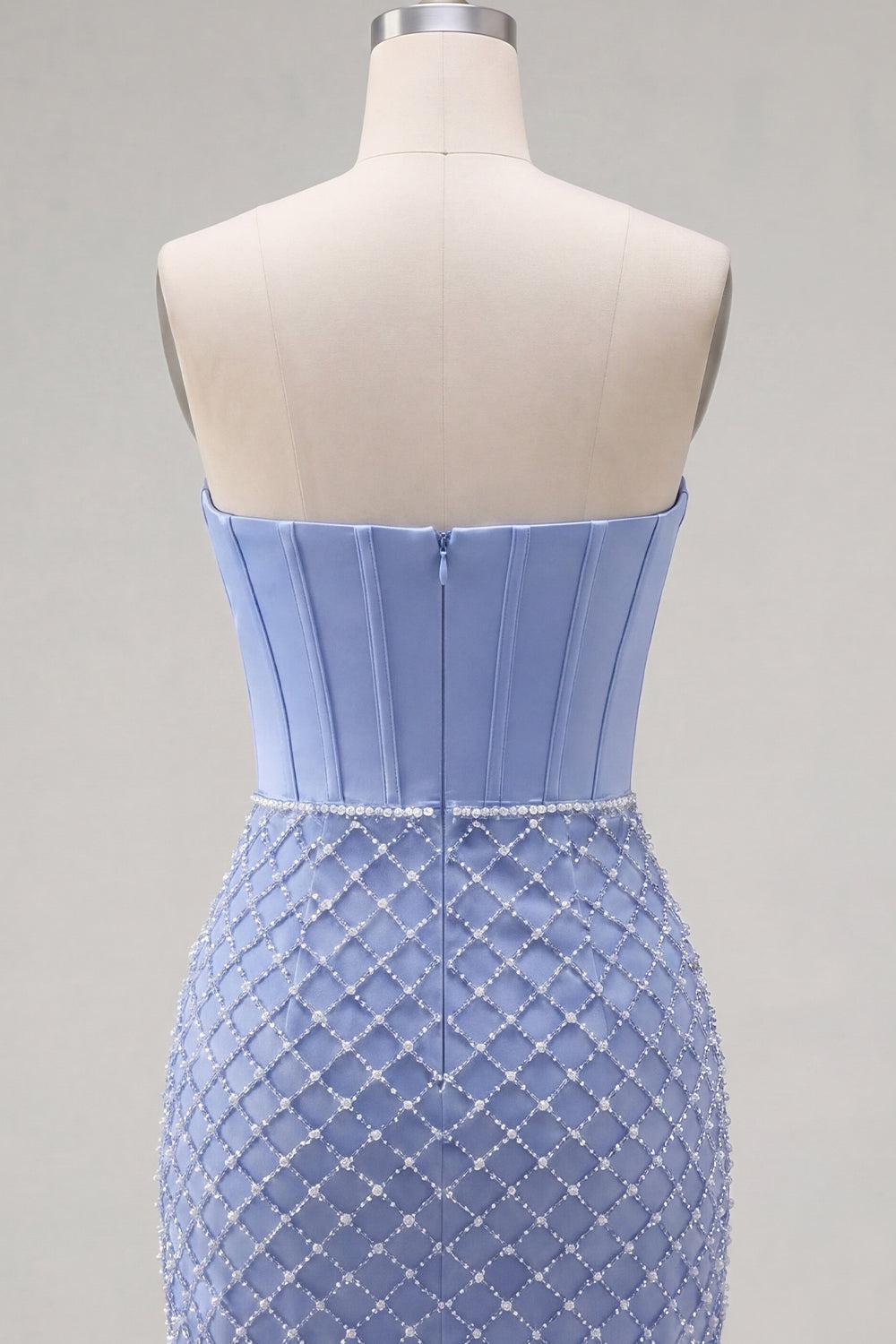 Dressystars Blue Strapless Basque Waist Corset Tight Short Homecoming Dress with Pearls