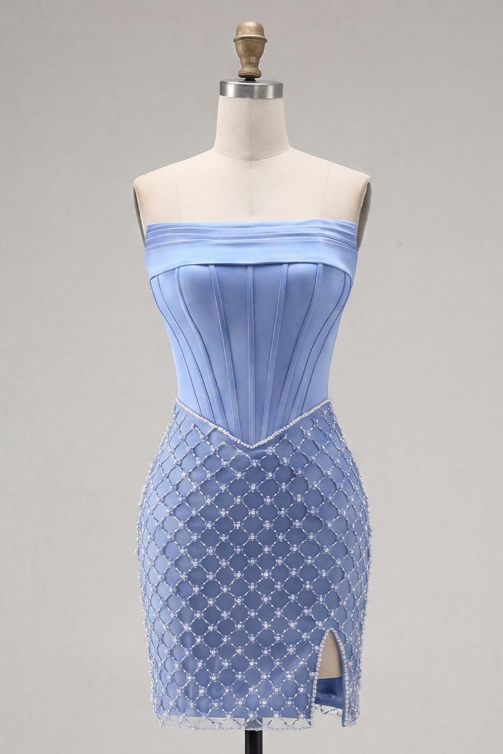 Dressystars Blue Strapless Corset Tight Short Homecoming Dress with Pearl Details