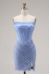 Dressystars Blue Strapless Corset Tight Short Homecoming Dress with Pearl Details
