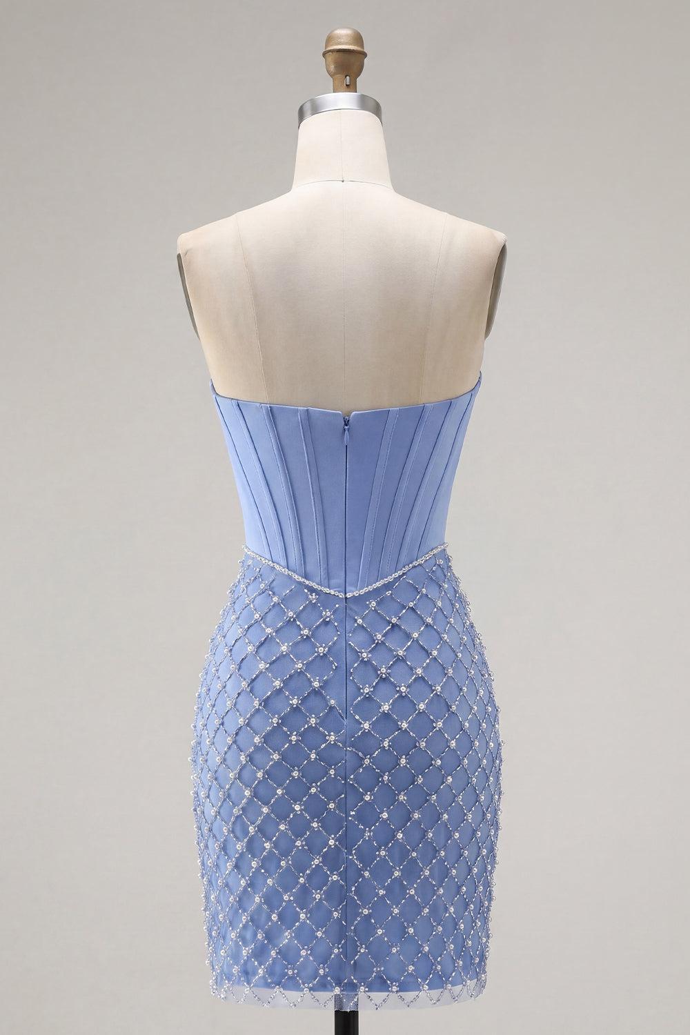 Dressystars Blue Strapless Corset Tight Short Homecoming Dress with Pearl Details