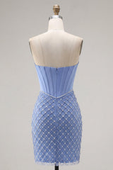 Dressystars Blue Strapless Corset Tight Short Homecoming Dress with Pearl Details
