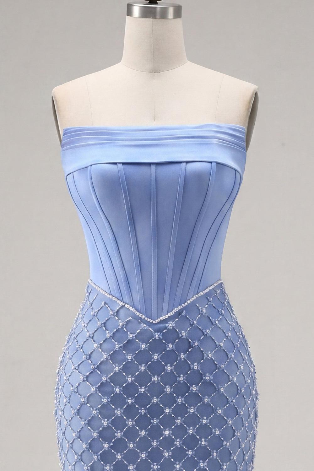 Dressystars Blue Strapless Corset Tight Short Homecoming Dress with Pearl Details