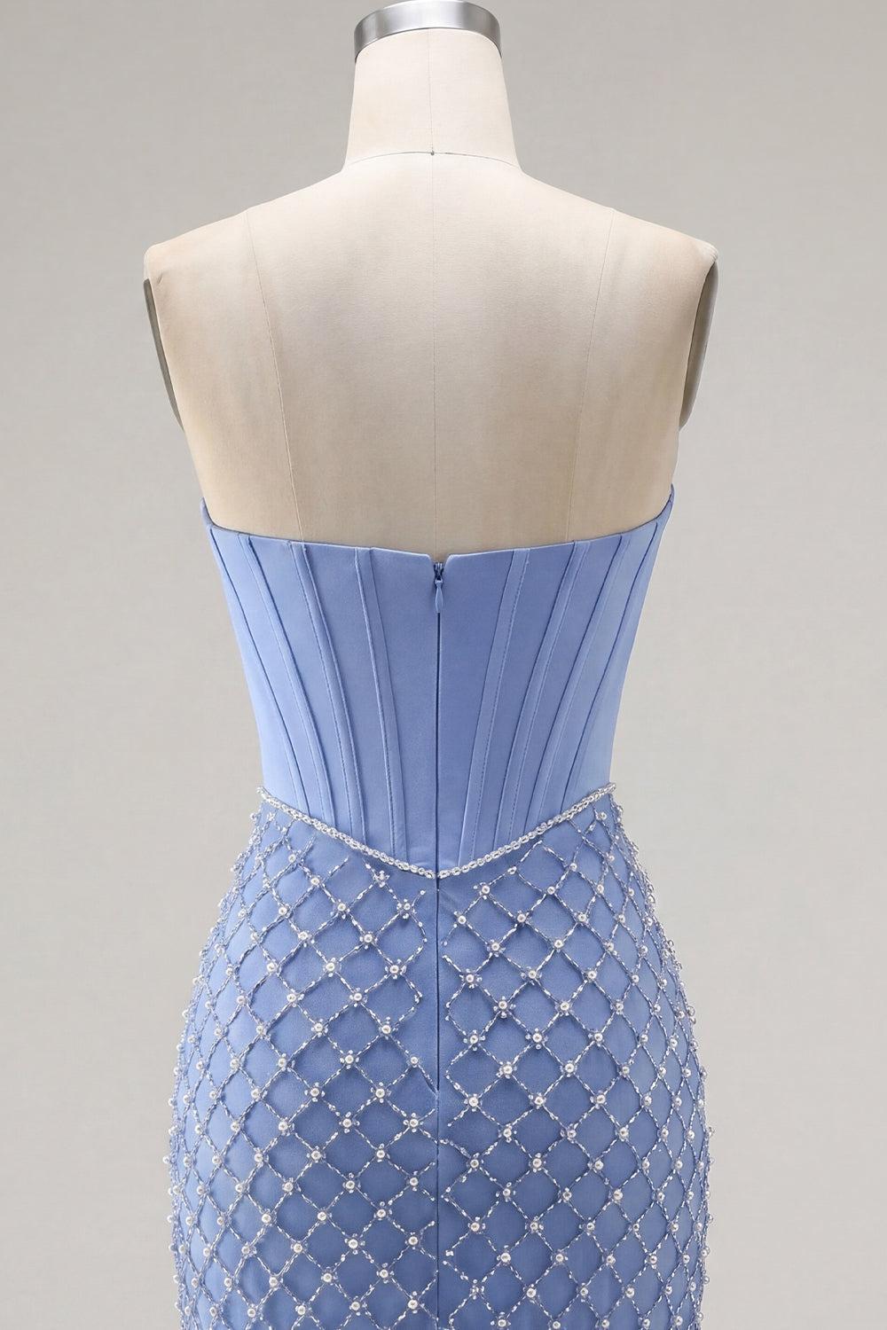 Dressystars Blue Strapless Corset Tight Short Homecoming Dress with Pearl Details