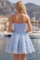 Dressystars Blue Strapless Floral Beaded A-Line Corset Short Homecoming Dress