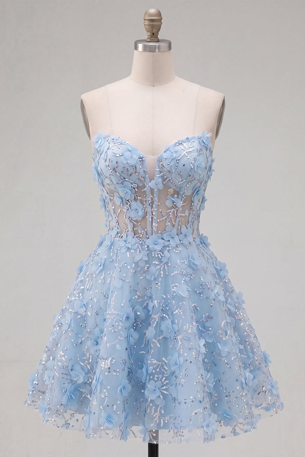 Dressystars Blue Strapless Floral Beaded A-Line Corset Short Homecoming Dress