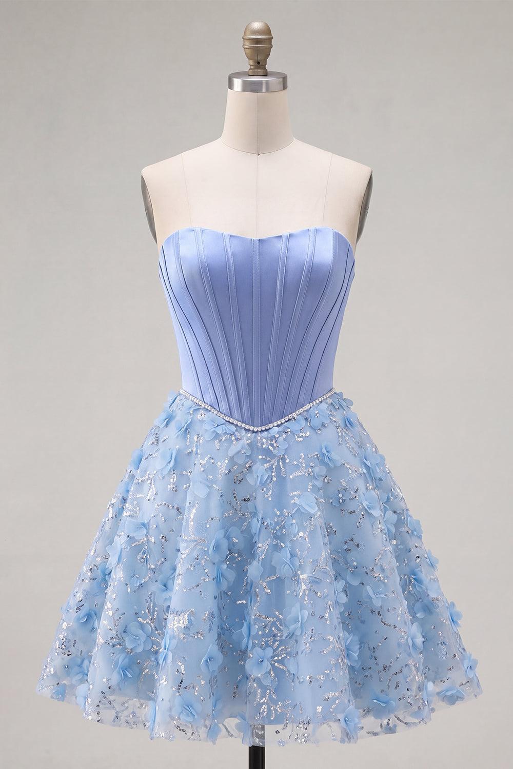 Dressystars Blue Strapless Floral Beaded A-Line Corset Short Homecoming Dress