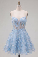 Dressystars Blue Strapless Floral Beaded A-Line Corset Short Homecoming Dress