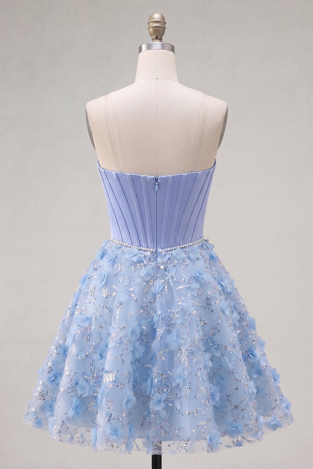 Dressystars Blue Strapless Floral Beaded A-Line Corset Short Homecoming Dress