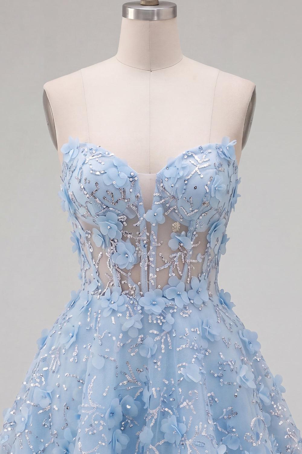 Dressystars Blue Strapless Floral Beaded A-Line Corset Short Homecoming Dress