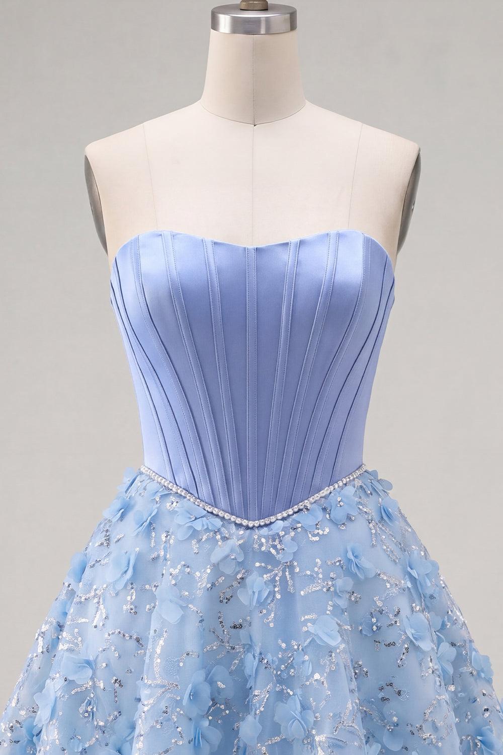 Dressystars Blue Strapless Floral Beaded A-Line Corset Short Homecoming Dress