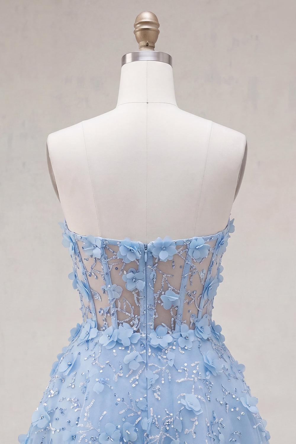 Dressystars Blue Strapless Floral Beaded A-Line Corset Short Homecoming Dress