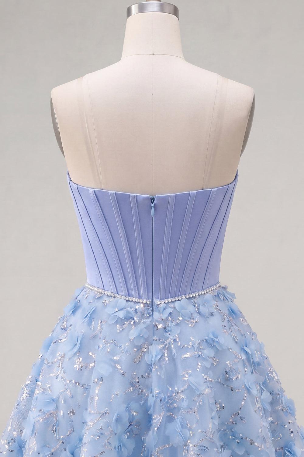 Dressystars Blue Strapless Floral Beaded A-Line Corset Short Homecoming Dress