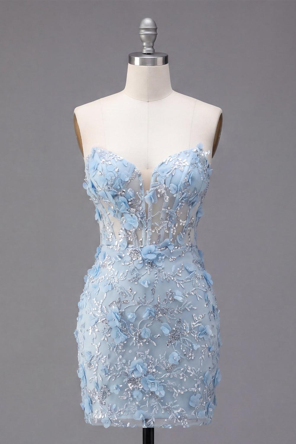 Dressystars Blue Strapless Floral Beaded Corset Tight Short Homecoming Dress