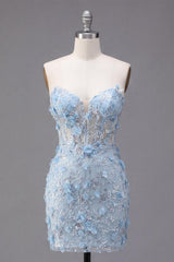 Dressystars Blue Strapless Floral Beaded Corset Tight Short Homecoming Dress