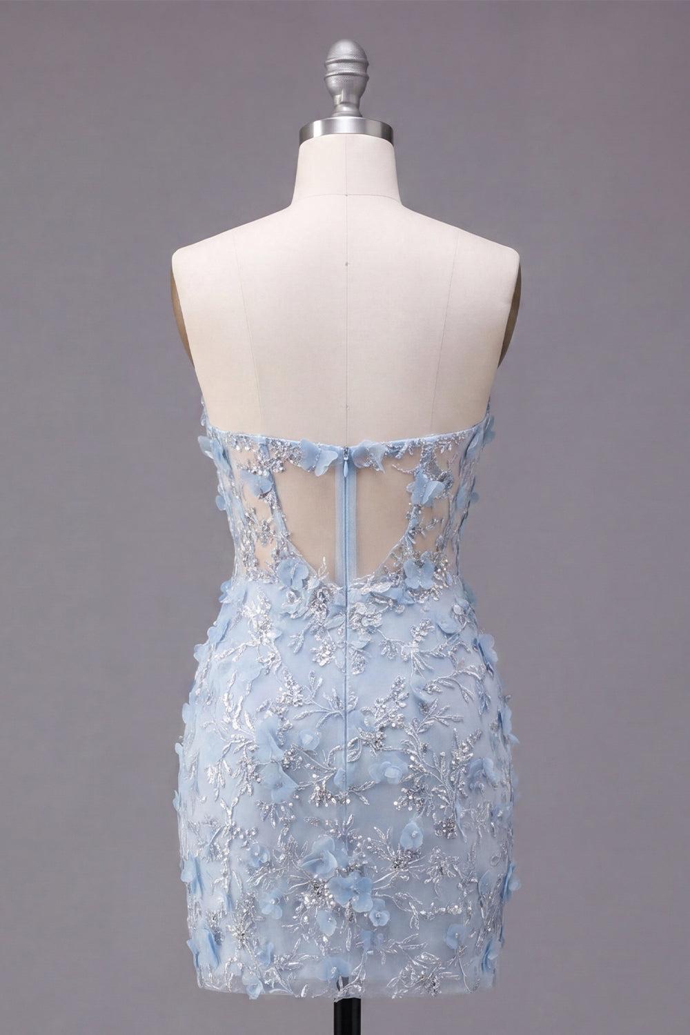 Dressystars Blue Strapless Floral Beaded Corset Tight Short Homecoming Dress