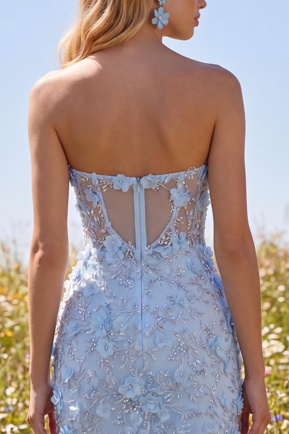 Dressystars Blue Strapless Floral Beaded Corset Tight Short Homecoming Dress