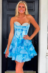 Dressystars Blue Tiered Homecoming Dresses Corset Short Cocktail Dresses With Beading
