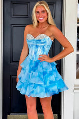 Dressystars Blue Tiered Homecoming Dresses Corset Short Cocktail Dresses With Beading