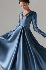 Dressystars Blue Wedding Guest Dress A-Line V Neck Satin Long Formal Dress With Long Sleeves