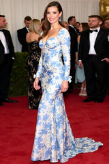 Dressystars Blue Wedding Guest Dress Floral Mermaid Long Gala Dress With Long Sleeves