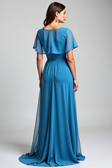 Dressystars Blue Wedding Guest Dress Long Chiffon A Line Formal Dress With Short Sleeves
