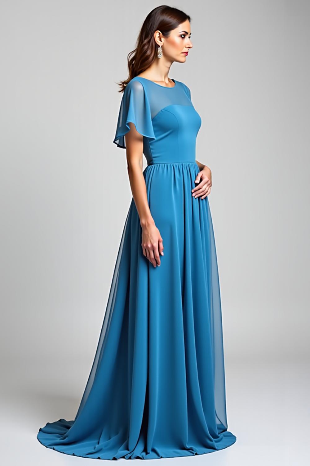 Dressystars Blue Wedding Guest Dress Long Chiffon A Line Formal Dress With Short Sleeves