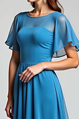 Dressystars Blue Wedding Guest Dress Long Chiffon A Line Formal Dress With Short Sleeves