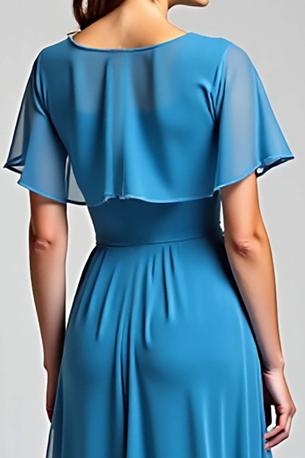 Dressystars Blue Wedding Guest Dress Long Chiffon A Line Formal Dress With Short Sleeves