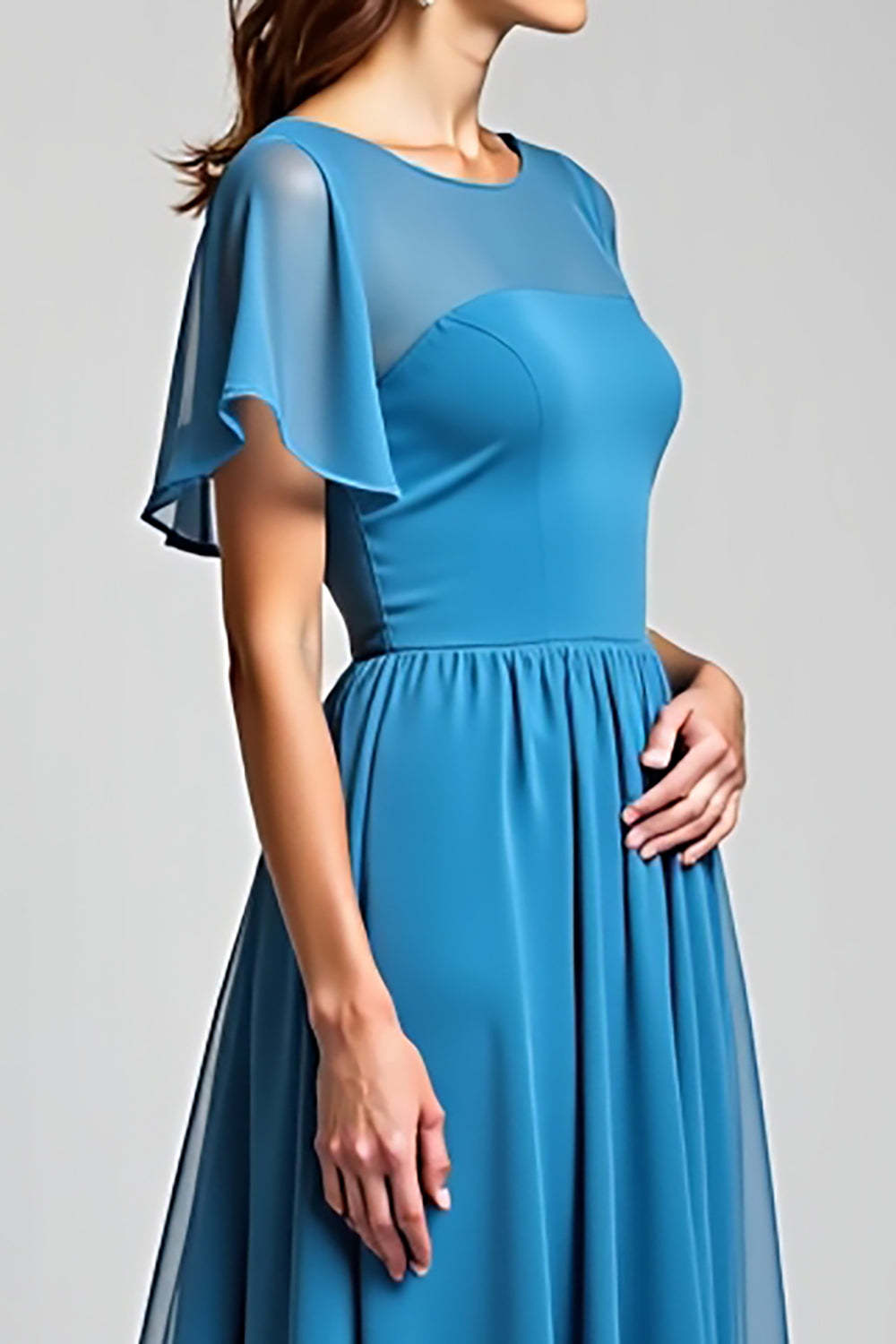 Dressystars Blue Wedding Guest Dress Long Chiffon A Line Formal Dress With Short Sleeves