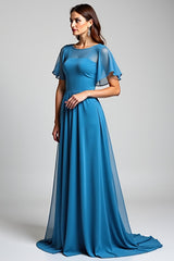 Dressystars Blue Wedding Guest Dress Long Chiffon A Line Formal Dress With Short Sleeves
