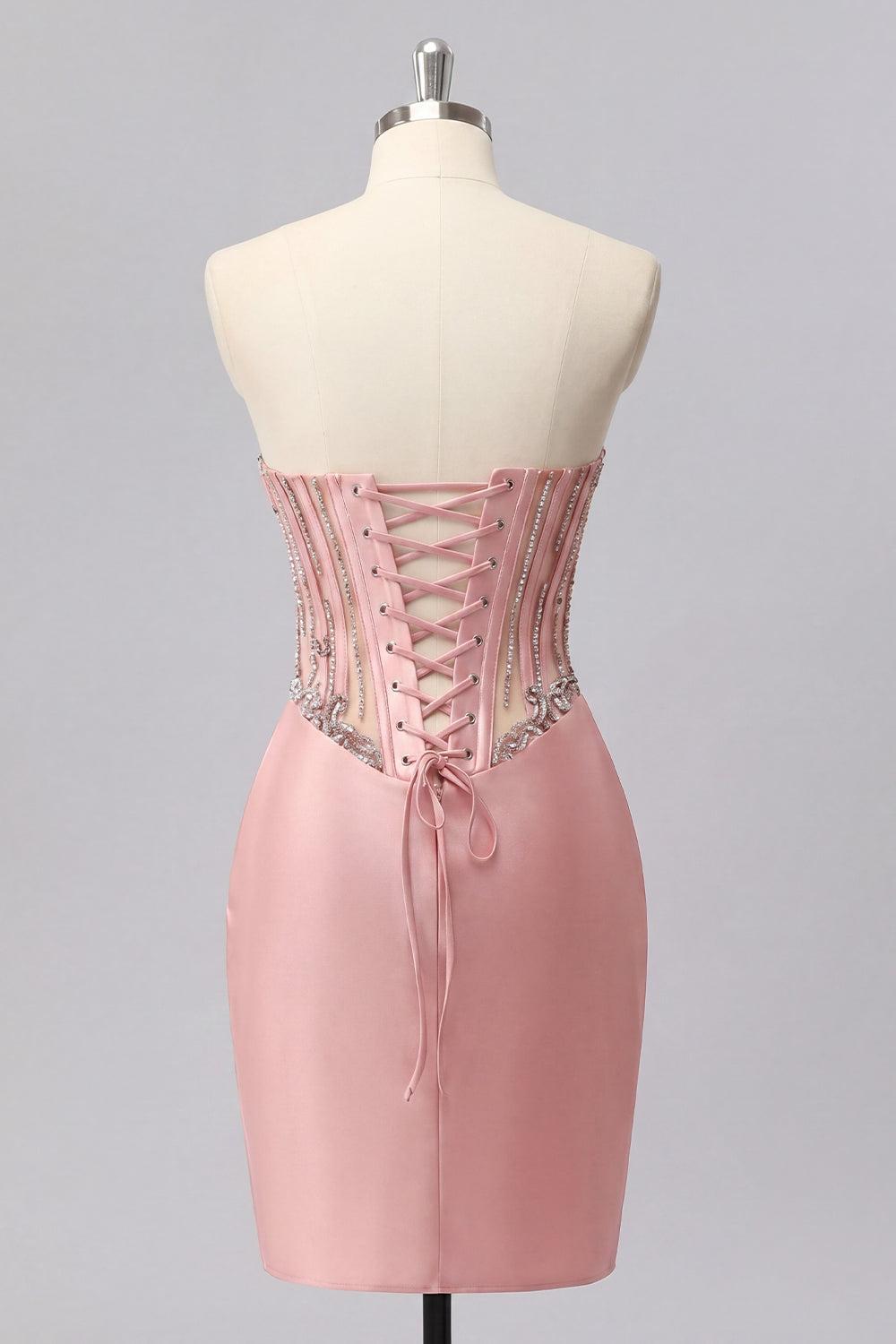 Dressystars Blush Basque Waist Beaded Ruched Corset Tight Short Homecoming Dress
