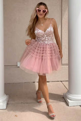 Dressystars Blush Homecoming Dress A-Line Spaghetti Straps Tulle Short Prom Dress with Lace