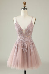 Dressystars Blush Homecoming Dress A-Line Tulle Short Prom Dress with Appliques