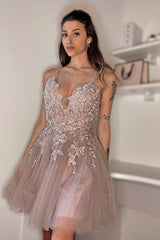 Dressystars Blush Homecoming Dress A-Line Tulle Short Prom Dress with Appliques