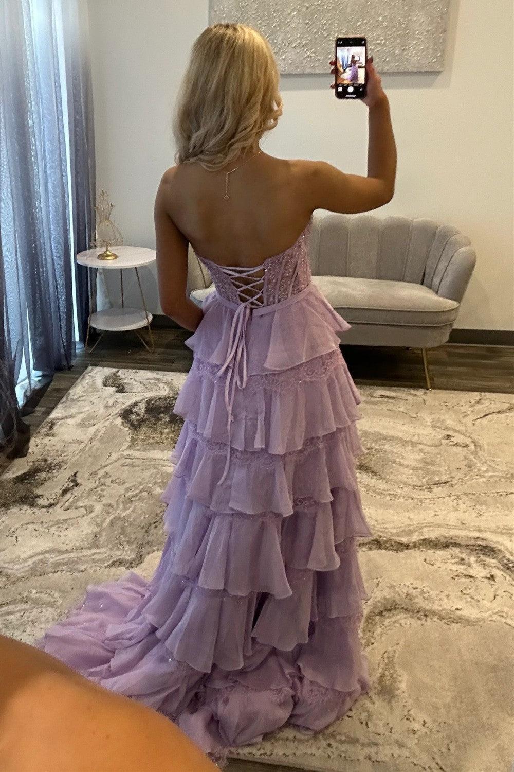 Dressystars Blush Pink A-Line Lace Corset Prom Dress With Tiered Ruffle Skirt & Slit Formal Evening Gown