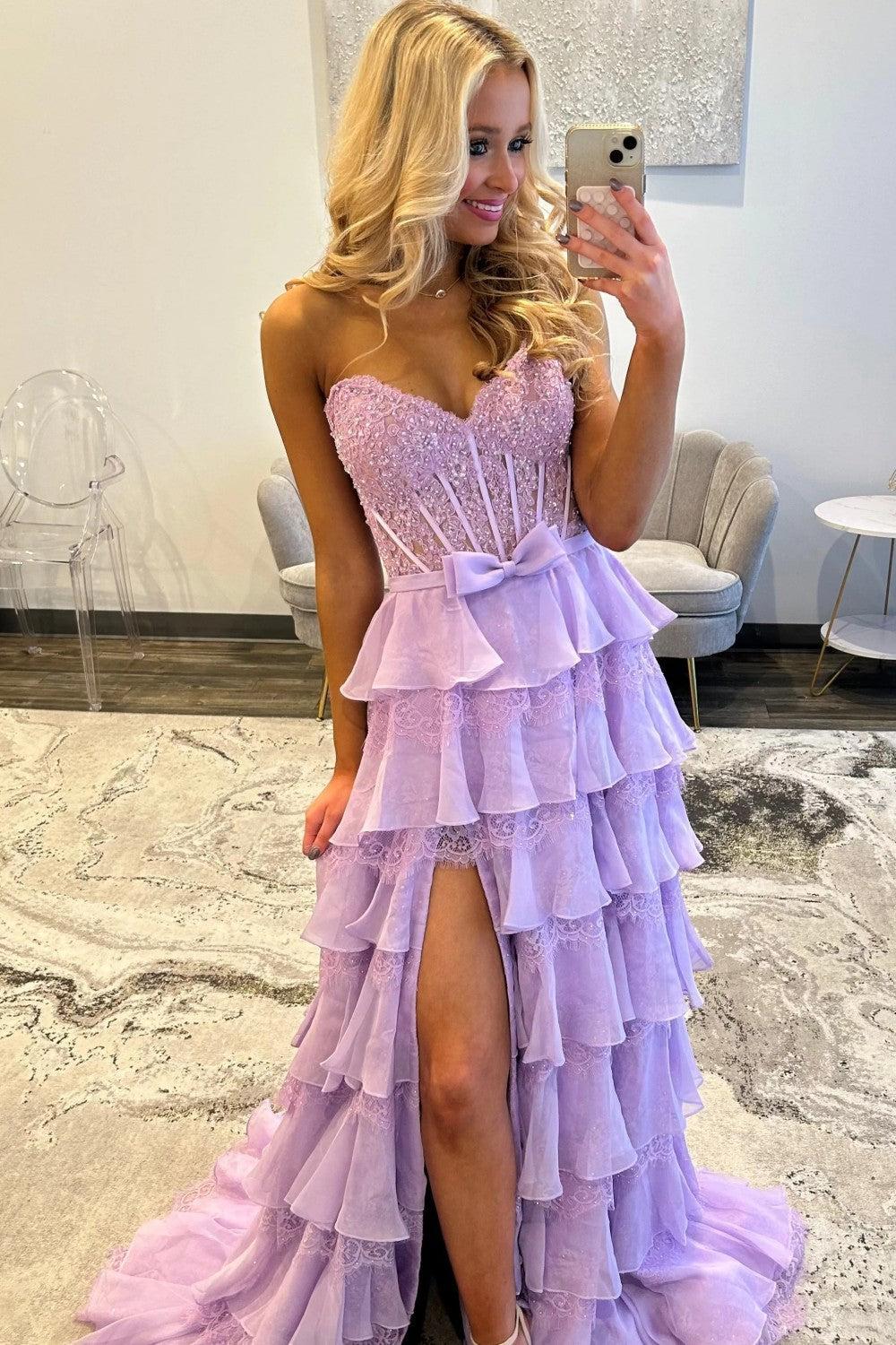 Dressystars Blush Pink A-Line Lace Corset Prom Dress With Tiered Ruffle Skirt & Slit Formal Evening Gown