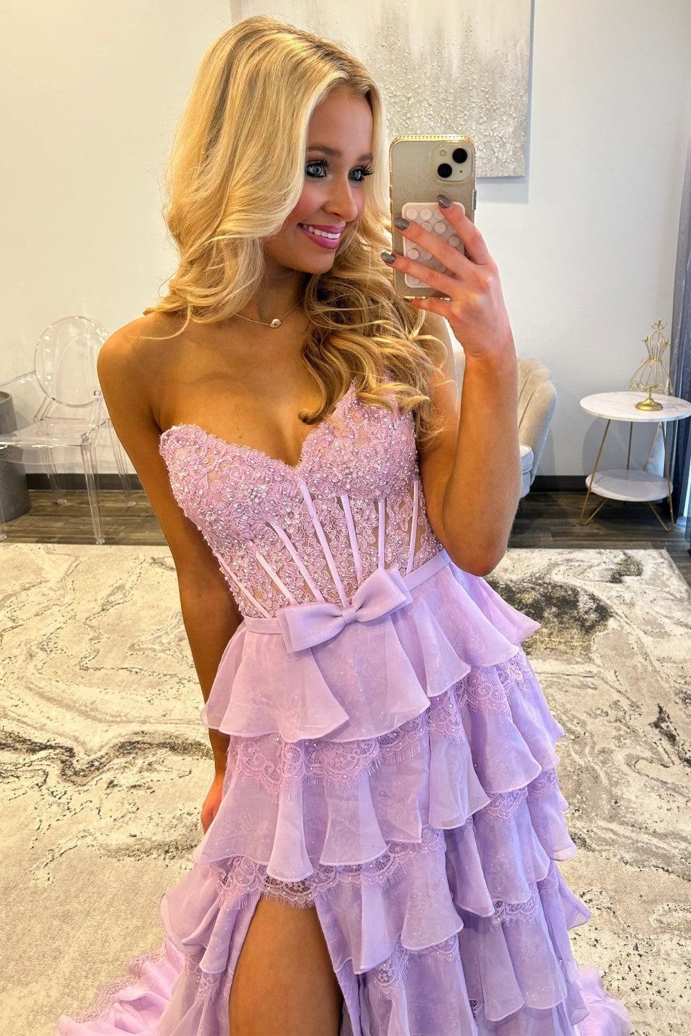 Dressystars Blush Pink A-Line Lace Corset Prom Dress With Tiered Ruffle Skirt & Slit Formal Evening Gown