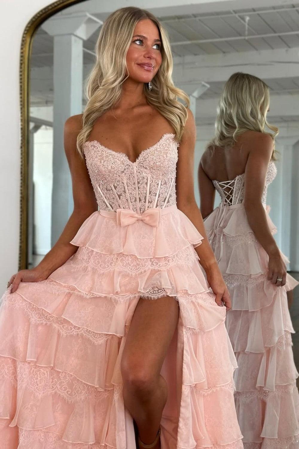 Dressystars Blush Pink A-Line Lace Corset Prom Dress With Tiered Ruffle Skirt & Slit Formal Evening Gown