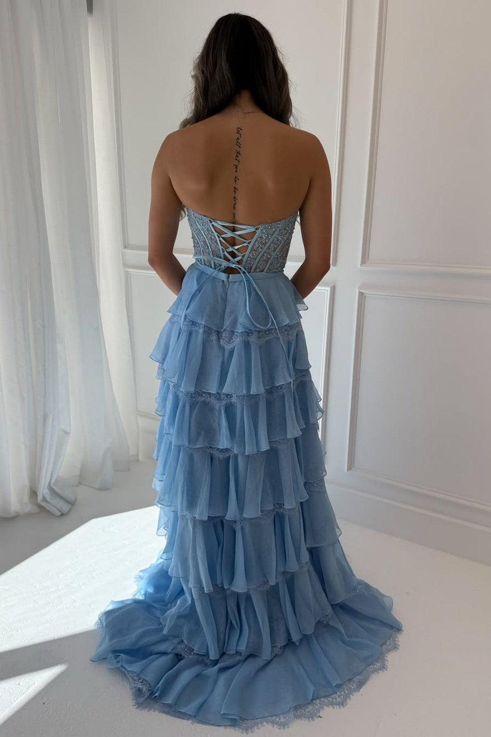 Dressystars Blush Pink A-Line Lace Corset Prom Dress With Tiered Ruffle Skirt & Slit Formal Evening Gown