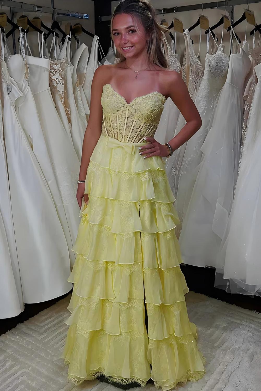 Dressystars Blush Pink A-Line Lace Corset Prom Dress With Tiered Ruffle Skirt & Slit Formal Evening Gown