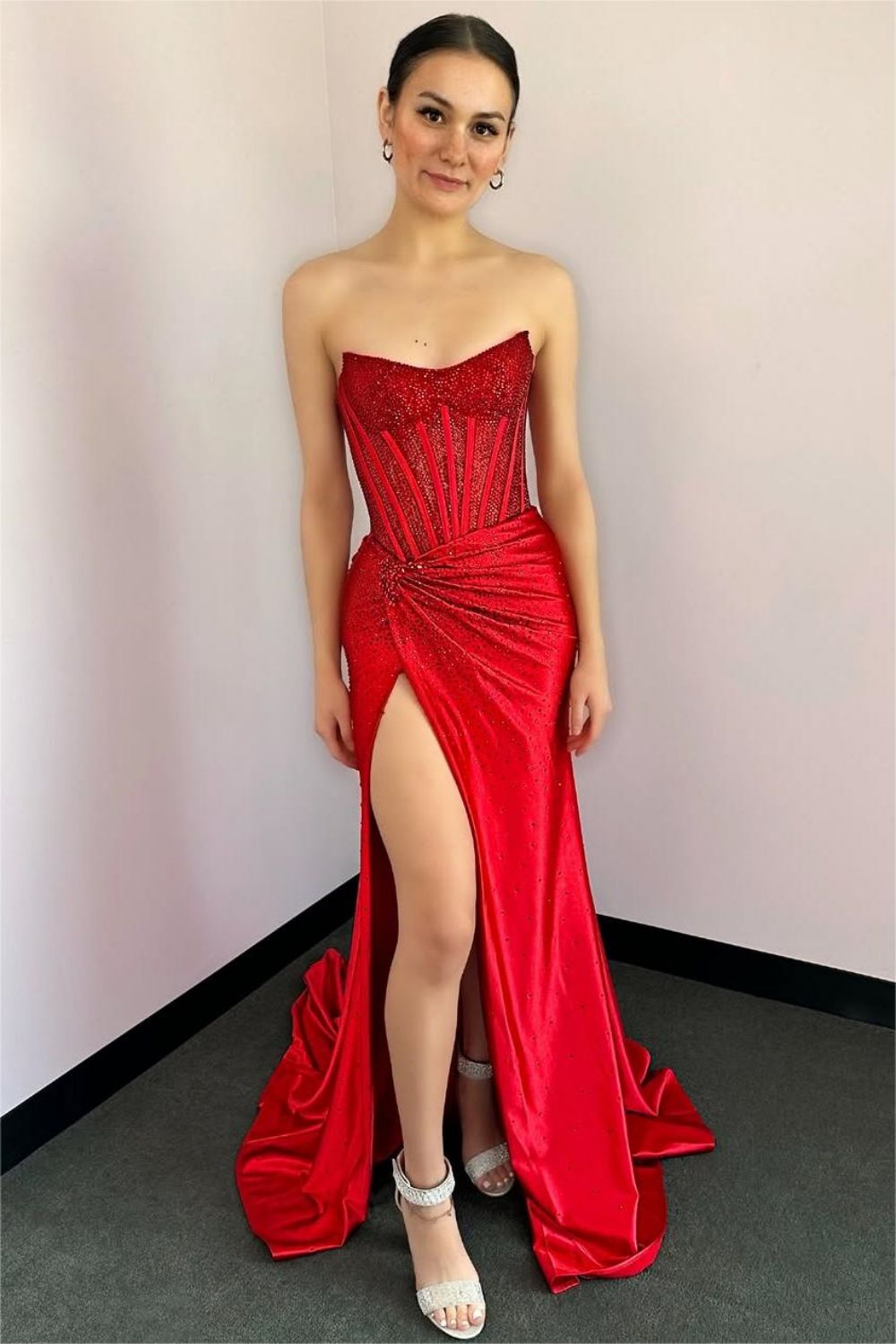 Dressystars Blush Pink Corset Long Beaded Prom Dress With Rhinestone Details Formal Evening Gown