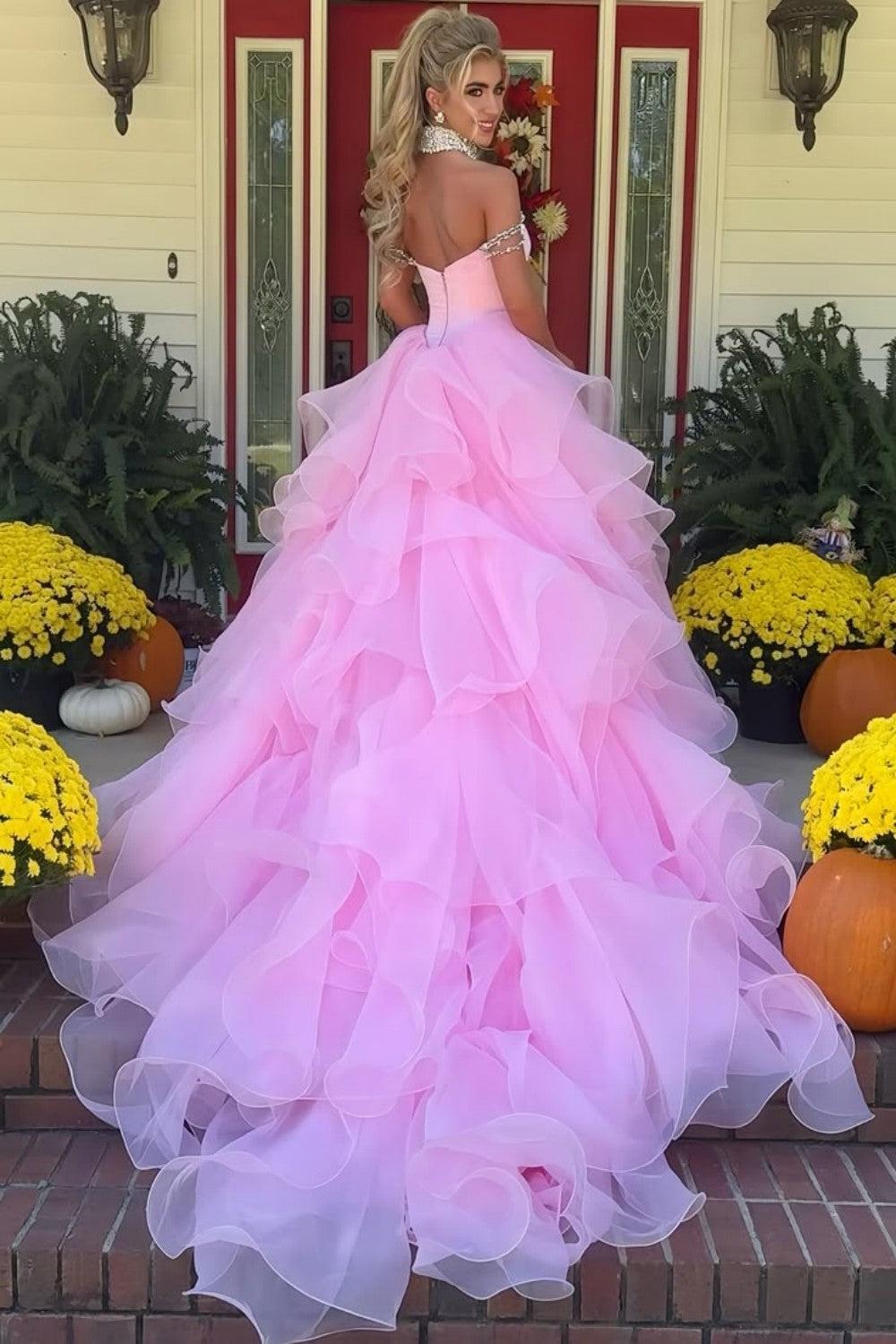 Dressystars Blush Pink Off-The-Shoulder Ball Gown With Crystal Embellishments Formal Evening Gown