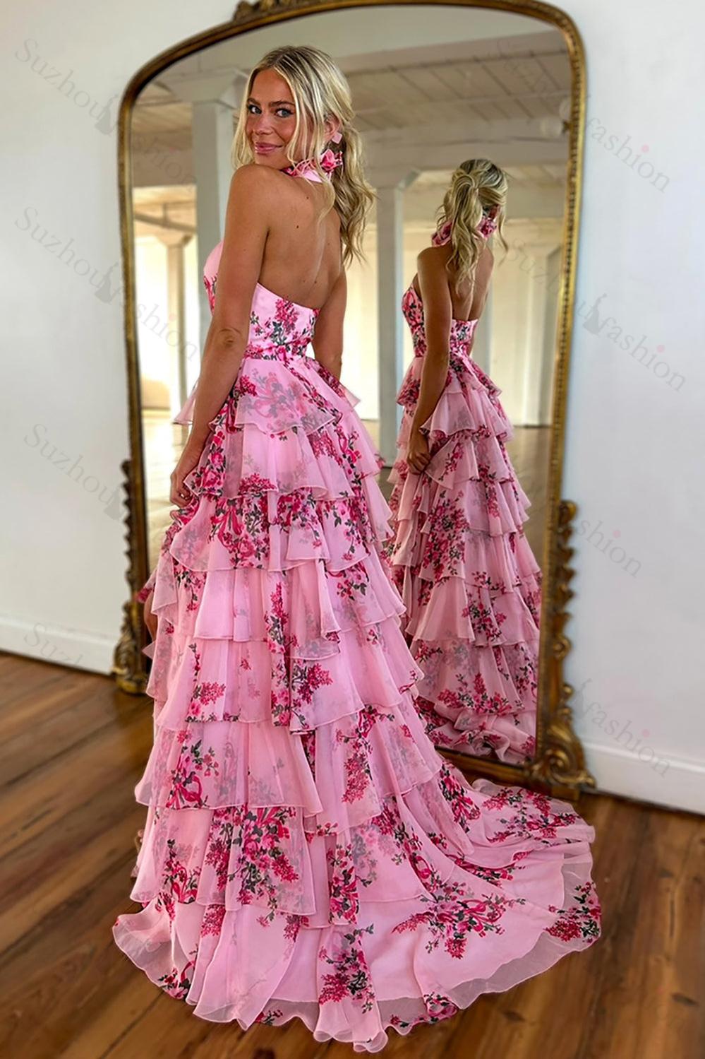 Dressystars Blush Prom Dress Floral Ruffled Halter Formal Dress With Slit