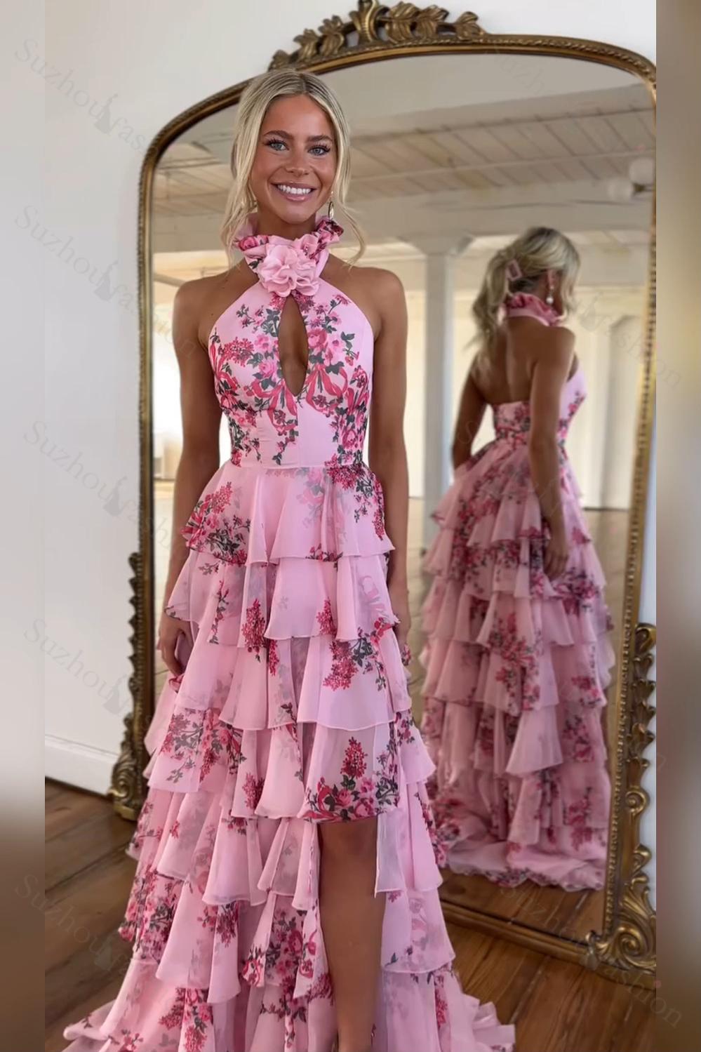 Dressystars Blush Prom Dress Floral Ruffled Halter Formal Dress With Slit